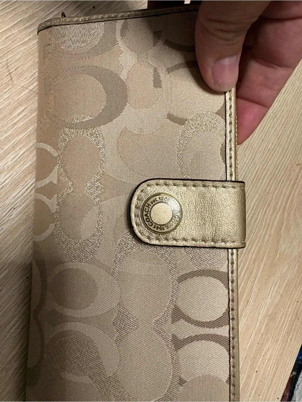 Coach Beige Jacquard Signature Snap Wallet with Gold Trim